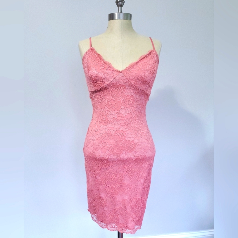 Pink Floral Lace Bodycon Mini Dress Sweetheart Neckline Barbie